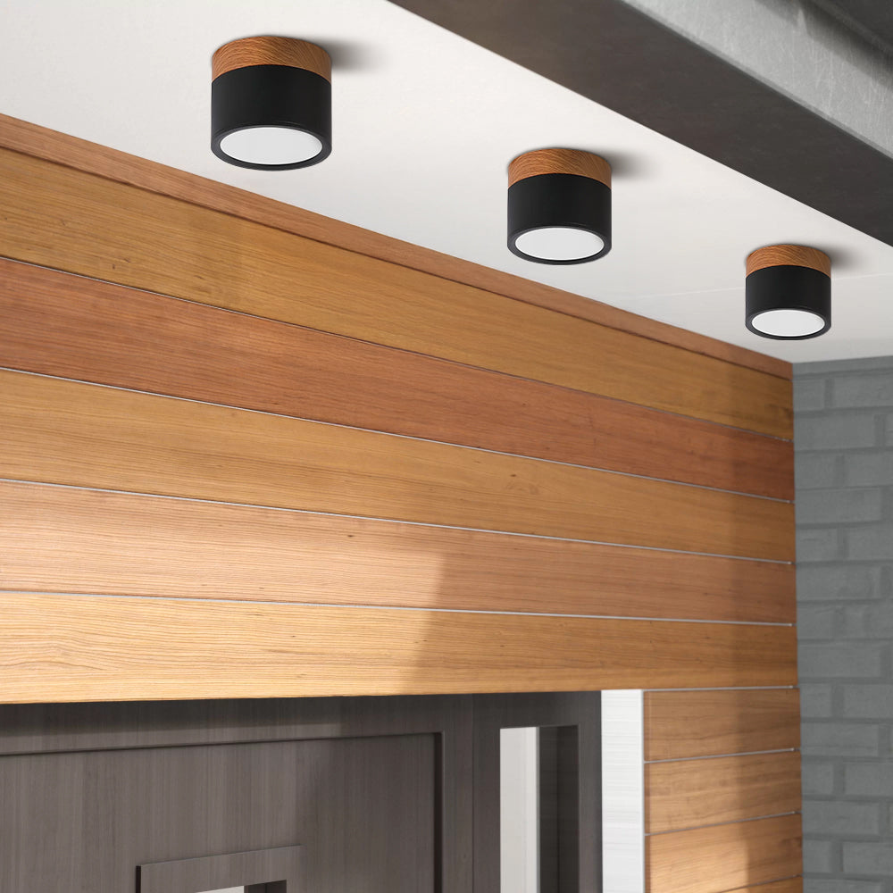 Compact LED Flush Mount Ceiling Light Fixture Wood & Metal Accent for Entryway Hallway Bedroom Kitchen 5W 7W Surface Mount Minimalist Modern