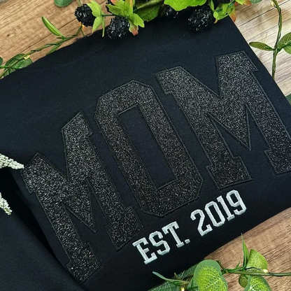 Custom Name Embroidered Glitter Sweatshirt for Moms | Personalized Pullover with Kids Names on Sleeve | Unisex Fit | Hoodie or Crew Neck