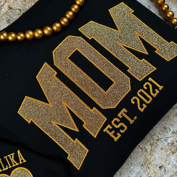 Custom Name Embroidered Glitter Sweatshirt for Moms | Personalized Pullover with Kids Names on Sleeve | Unisex Fit | Hoodie or Crew Neck