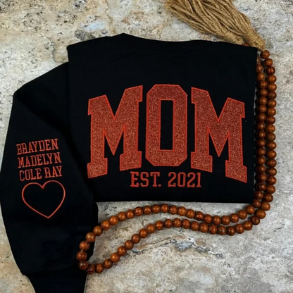 Custom Name Embroidered Glitter Sweatshirt for Moms | Personalized Pullover with Kids Names on Sleeve | Unisex Fit | Hoodie or Crew Neck