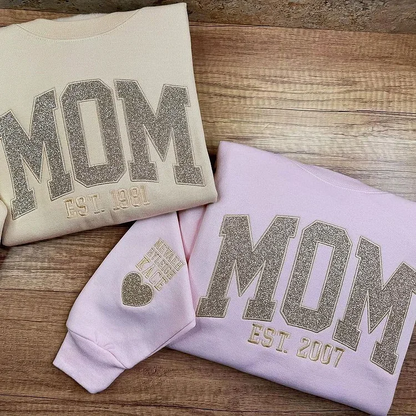 Custom Name Embroidered Glitter Sweatshirt for Moms | Personalized Pullover with Kids Names on Sleeve | Unisex Fit | Hoodie or Crew Neck