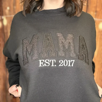 Custom Name Embroidered Glitter Sweatshirt for Moms | Personalized Pullover with Kids Names on Sleeve | Unisex Fit | Hoodie or Crew Neck