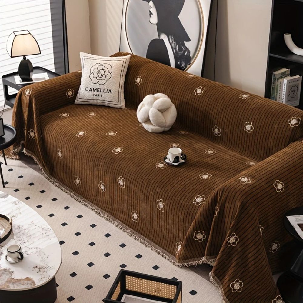 Cameron Sofa Cover - Breathable Chenille, Floral and stripe Embroidery