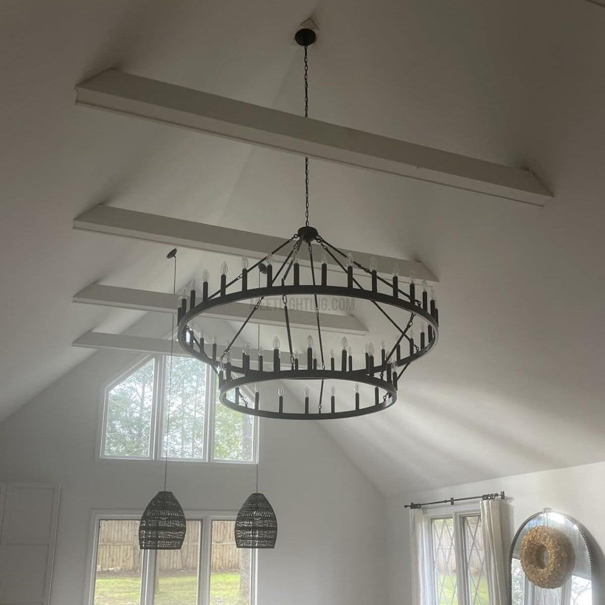 Two-Tier Statement Chandelier with Candelabra Bulbs for Dining Room & Foyer – Handcrafted Iron Rings, 30-66 LED Lights, Vintage Industrial