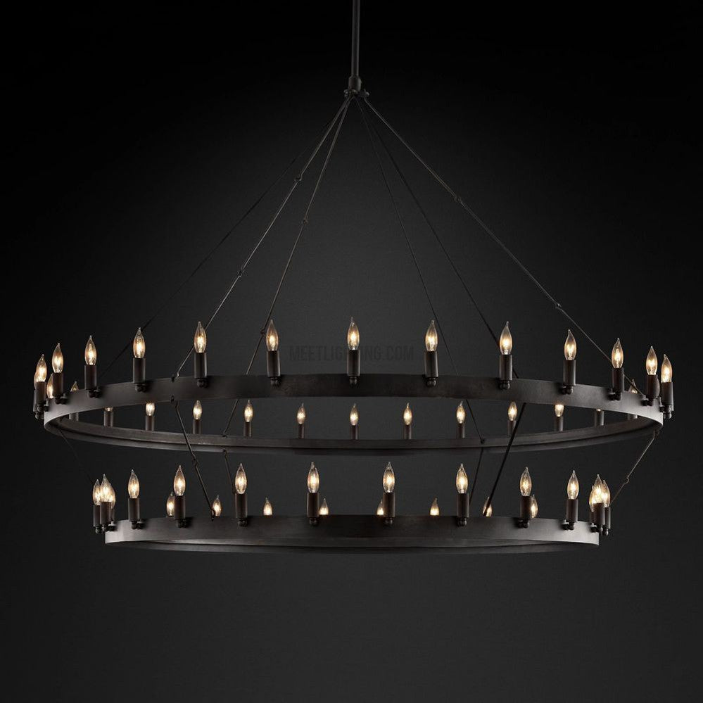 Two-Tier Statement Chandelier with Candelabra Bulbs for Dining Room & Foyer – Handcrafted Iron Rings, 30-66 LED Lights, Vintage Industrial