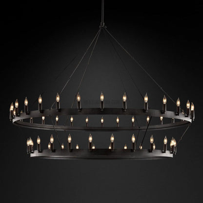 Two-Tier Statement Chandelier with Candelabra Bulbs for Dining Room & Foyer – Handcrafted Iron Rings, 30-66 LED Lights, Vintage Industrial