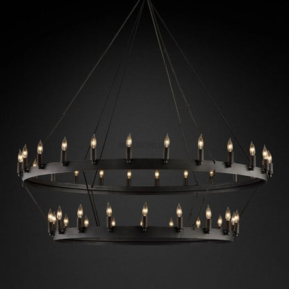 Two-Tier Statement Chandelier with Candelabra Bulbs for Dining Room & Foyer – Handcrafted Iron Rings, 30-66 LED Lights, Vintage Industrial