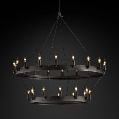 Two-Tier Statement Chandelier with Candelabra Bulbs for Dining Room & Foyer – Handcrafted Iron Rings, 30-66 LED Lights, Vintage Industrial