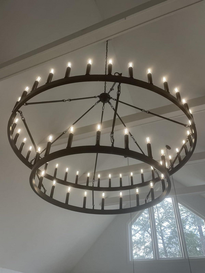 Two-Tier Statement Chandelier with Candelabra Bulbs for Dining Room & Foyer – Handcrafted Iron Rings, 30-66 LED Lights, Vintage Industrial