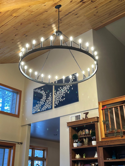 Circular Iron Ring Chandelier with Candelabra Bulbs – Statement Lighting for High Ceilings – 5 Diameter Options from 27" to 73"
