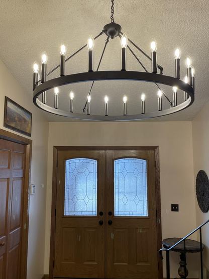 Circular Iron Ring Chandelier with Candelabra Bulbs – Statement Lighting for High Ceilings – 5 Diameter Options from 27" to 73"