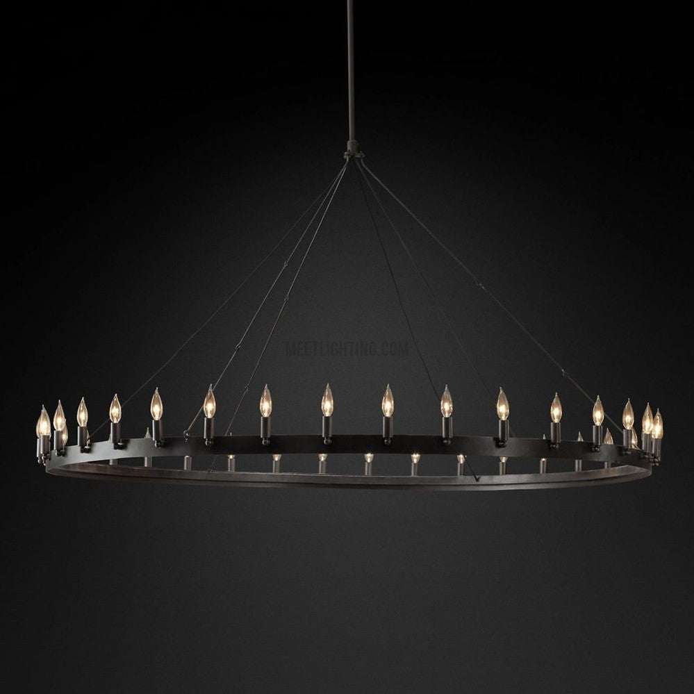 Circular Iron Ring Chandelier with Candelabra Bulbs – Statement Lighting for High Ceilings – 5 Diameter Options from 27" to 73"