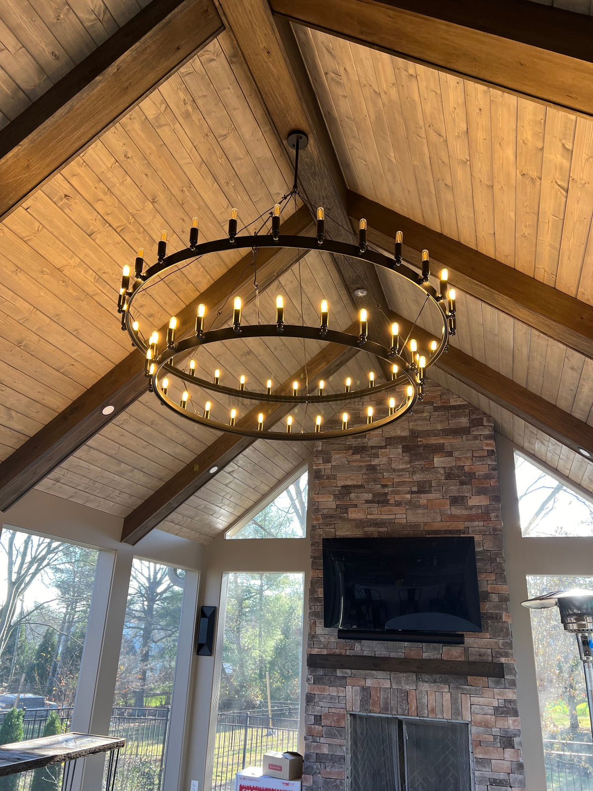 Two-Tier Industrial Chandelier with Filament Bulbs – Iron Angle Frame for Dining Room, Foyer & Living Space