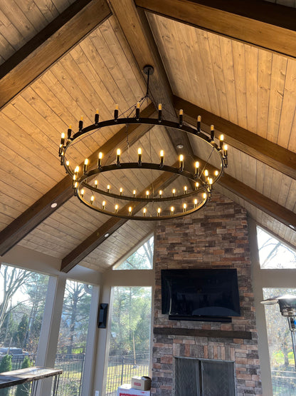 Two-Tier Industrial Chandelier with Filament Bulbs – Iron Angle Frame for Dining Room, Foyer & Living Space