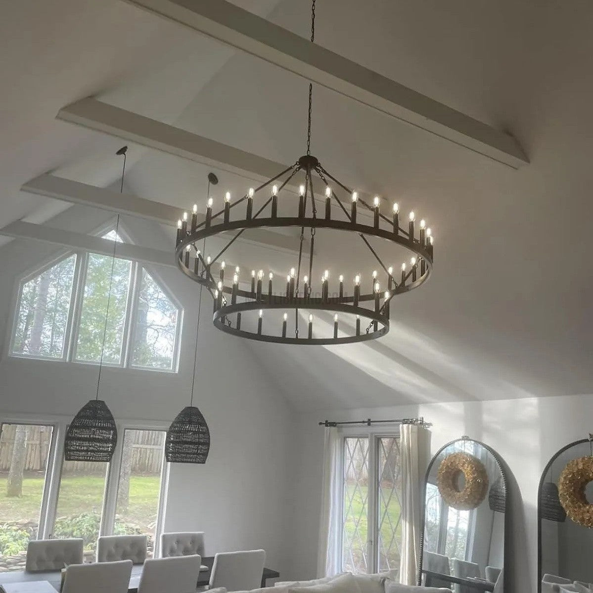 Two-Tier Industrial Chandelier with Filament Bulbs – Iron Angle Frame for Dining Room, Foyer & Living Space