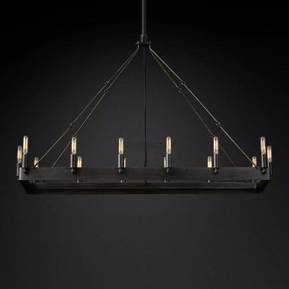 Industrial Rectangular Chandelier with Exposed Edison Bulbs – Adjustable Height Steel Frame Ceiling Light for Dining Room, Kitchen Island