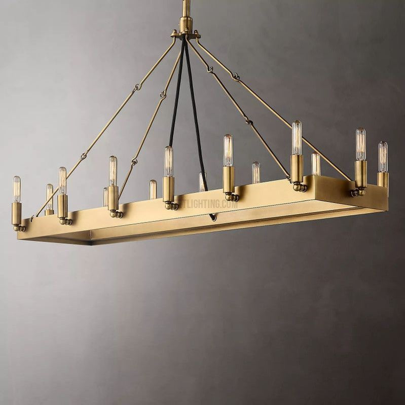 Industrial Rectangular Chandelier with Exposed Edison Bulbs – Adjustable Height Steel Frame Ceiling Light for Dining Room, Kitchen Island