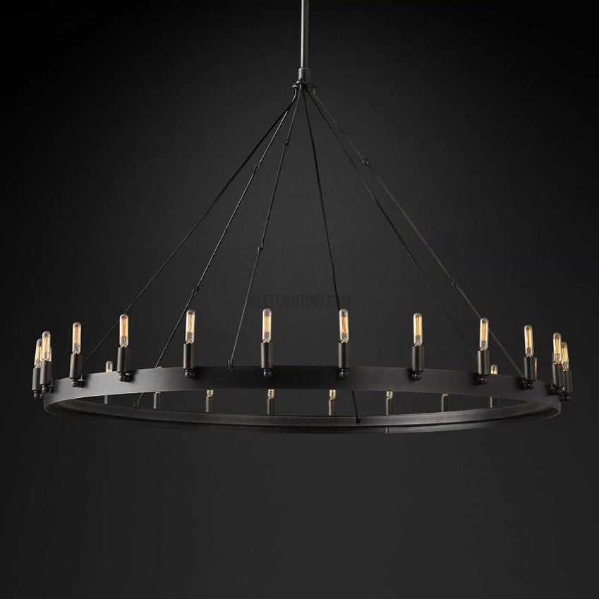 Industrial Round Iron Chandelier with Vintage Filament Bulbs for Dining Room & Foyer