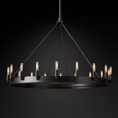 Industrial Round Iron Chandelier with Vintage Filament Bulbs for Dining Room & Foyer