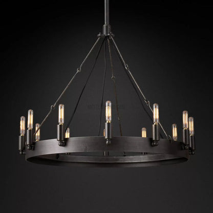 Industrial Round Iron Chandelier with Vintage Filament Bulbs for Dining Room & Foyer