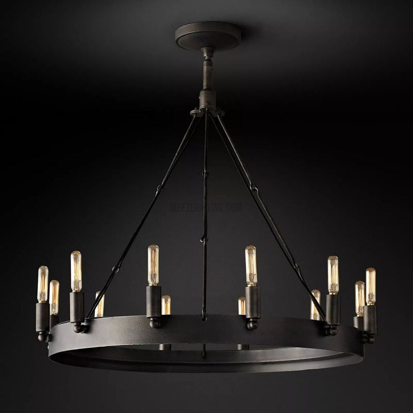Industrial Round Iron Chandelier with Vintage Filament Bulbs for Dining Room & Foyer