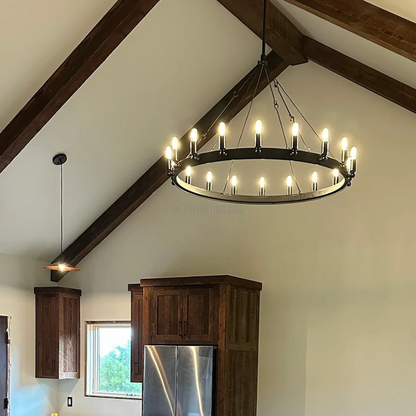 Industrial Round Iron Chandelier with Vintage Filament Bulbs for Dining Room & Foyer