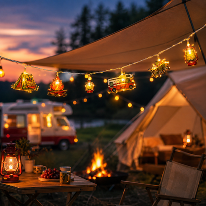 Camping-Themed LED Fairy Lights – Battery-Powered Indoor Outdoor String Lights with Tent, Campfire & Lantern Icons for Patio, Backyard &