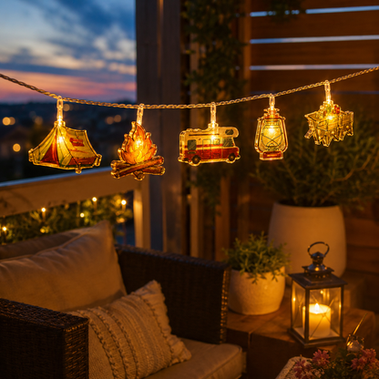 Camping-Themed LED Fairy Lights – Battery-Powered Indoor Outdoor String Lights with Tent, Campfire & Lantern Icons for Patio, Backyard &