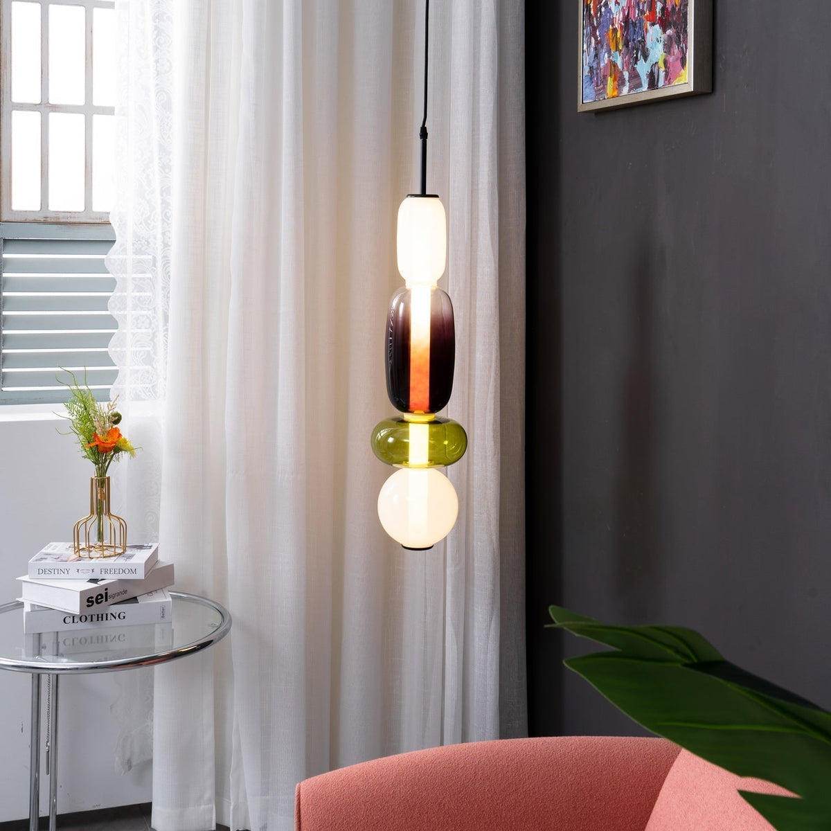 Handblown Glass Drop Pendant LED 7-inch Multi-Color Chandelier Dimmable Ceiling Light Adjustable for Kitchen Island Dining Table Living Room