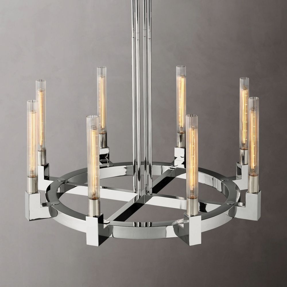Fluted Glass Ring Chandelier 8-16 Lights Brass Nickel or Black 36-72 Inch Adjustable Height for Dining Room Foyer Living Room Large