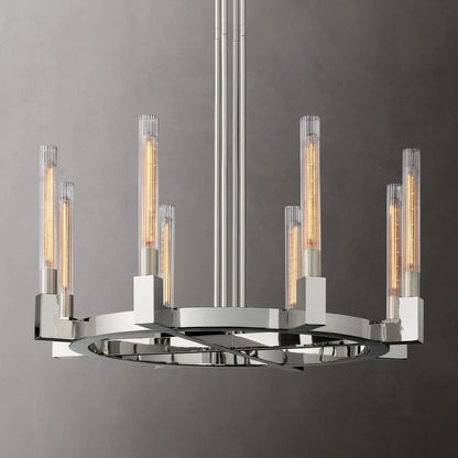Fluted Glass Ring Chandelier 8-16 Lights Brass Nickel or Black 36-72 Inch Adjustable Height for Dining Room Foyer Living Room Large