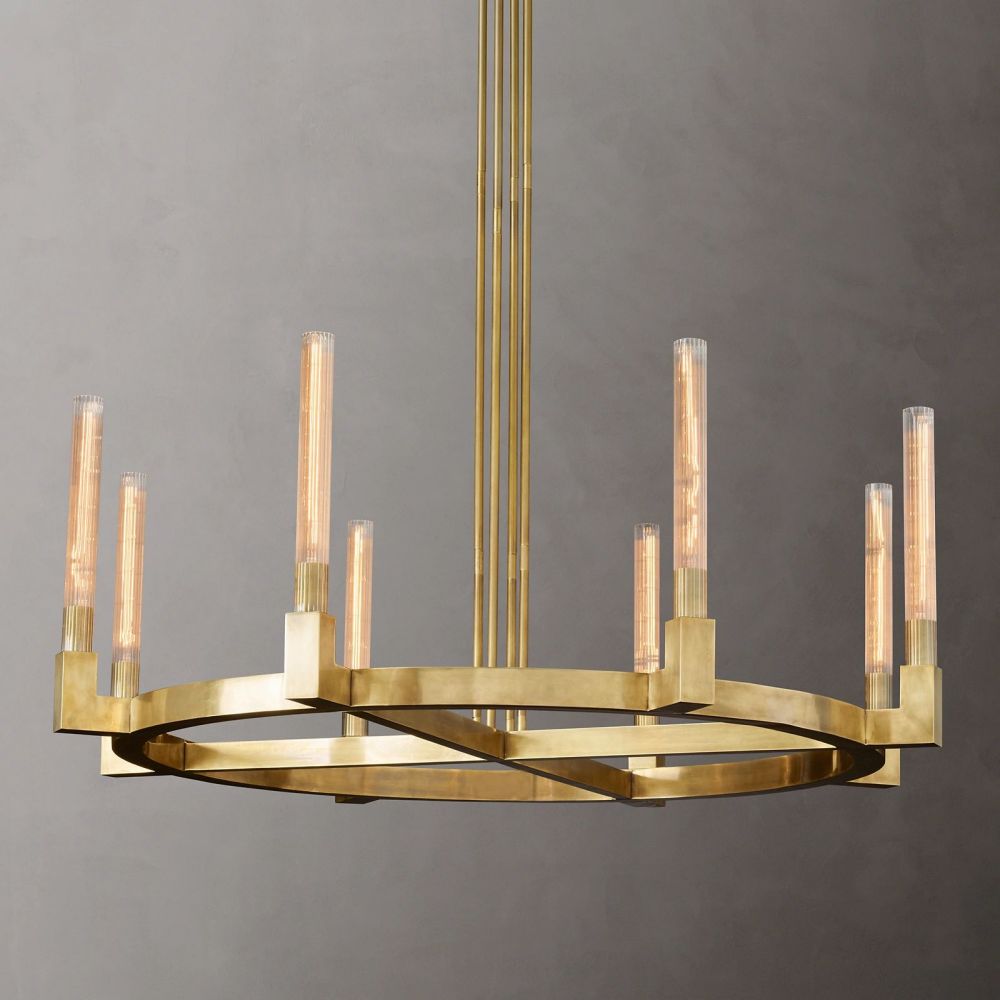 Fluted Glass Ring Chandelier 8-16 Lights Brass Nickel or Black 36-72 Inch Adjustable Height for Dining Room Foyer Living Room Large