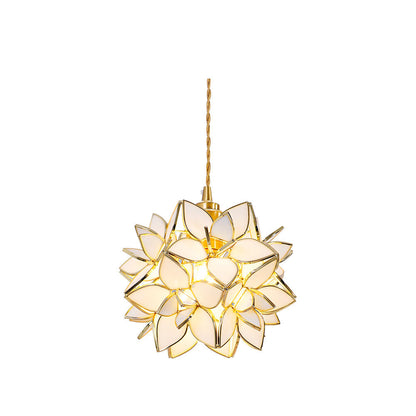 Glass Globe Ceiling Light with Floral Detail, 8-Inch Brass Hanging Fixture for Dining Room & Bedroom Ambient Lighting