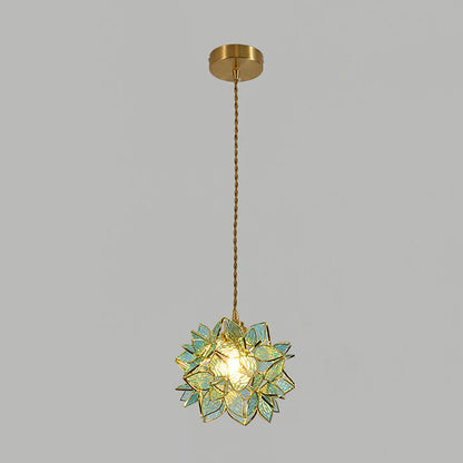 Glass Globe Ceiling Light with Floral Detail, 8-Inch Brass Hanging Fixture for Dining Room & Bedroom Ambient Lighting
