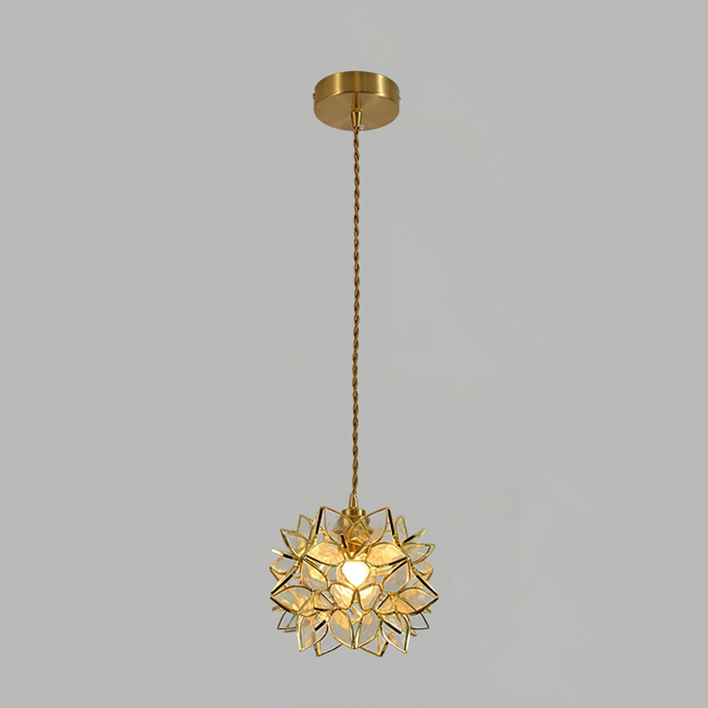 Glass Globe Ceiling Light with Floral Detail, 8-Inch Brass Hanging Fixture for Dining Room & Bedroom Ambient Lighting