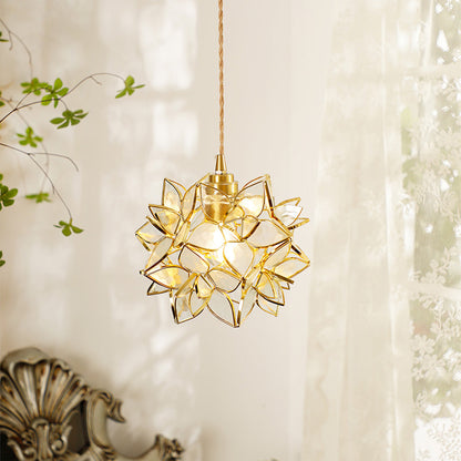 Glass Globe Ceiling Light with Floral Detail, 8-Inch Brass Hanging Fixture for Dining Room & Bedroom Ambient Lighting