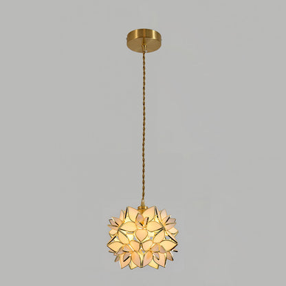 Glass Globe Ceiling Light with Floral Detail, 8-Inch Brass Hanging Fixture for Dining Room & Bedroom Ambient Lighting