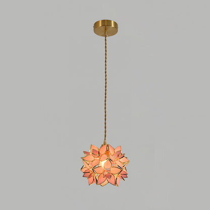 Glass Globe Ceiling Light with Floral Detail, 8-Inch Brass Hanging Fixture for Dining Room & Bedroom Ambient Lighting