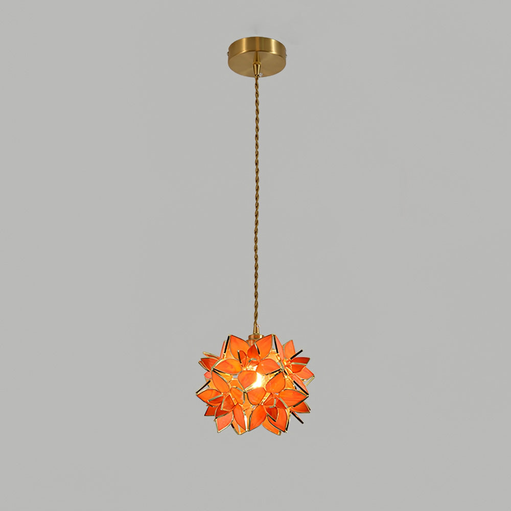 Glass Globe Ceiling Light with Floral Detail, 8-Inch Brass Hanging Fixture for Dining Room & Bedroom Ambient Lighting