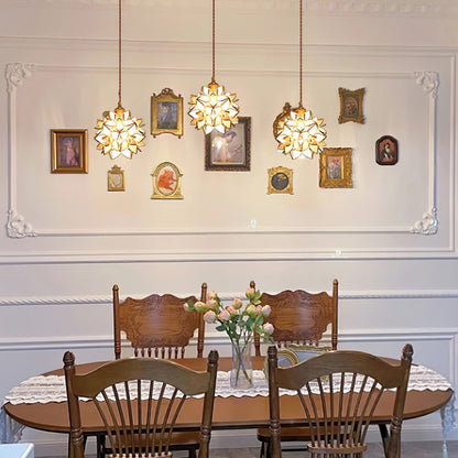 Glass Globe Ceiling Light with Floral Detail, 8-Inch Brass Hanging Fixture for Dining Room & Bedroom Ambient Lighting