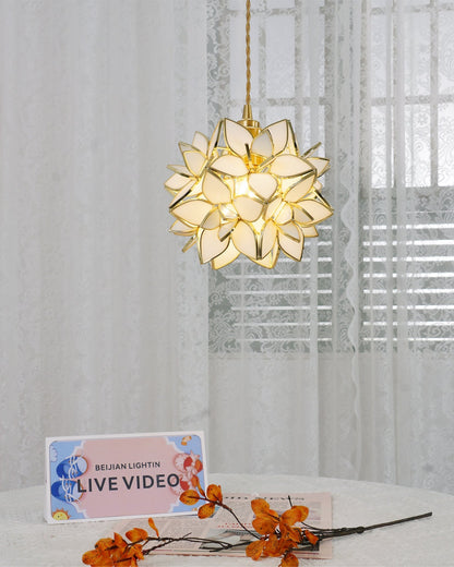 Glass Globe Ceiling Light with Floral Detail, 8-Inch Brass Hanging Fixture for Dining Room & Bedroom Ambient Lighting