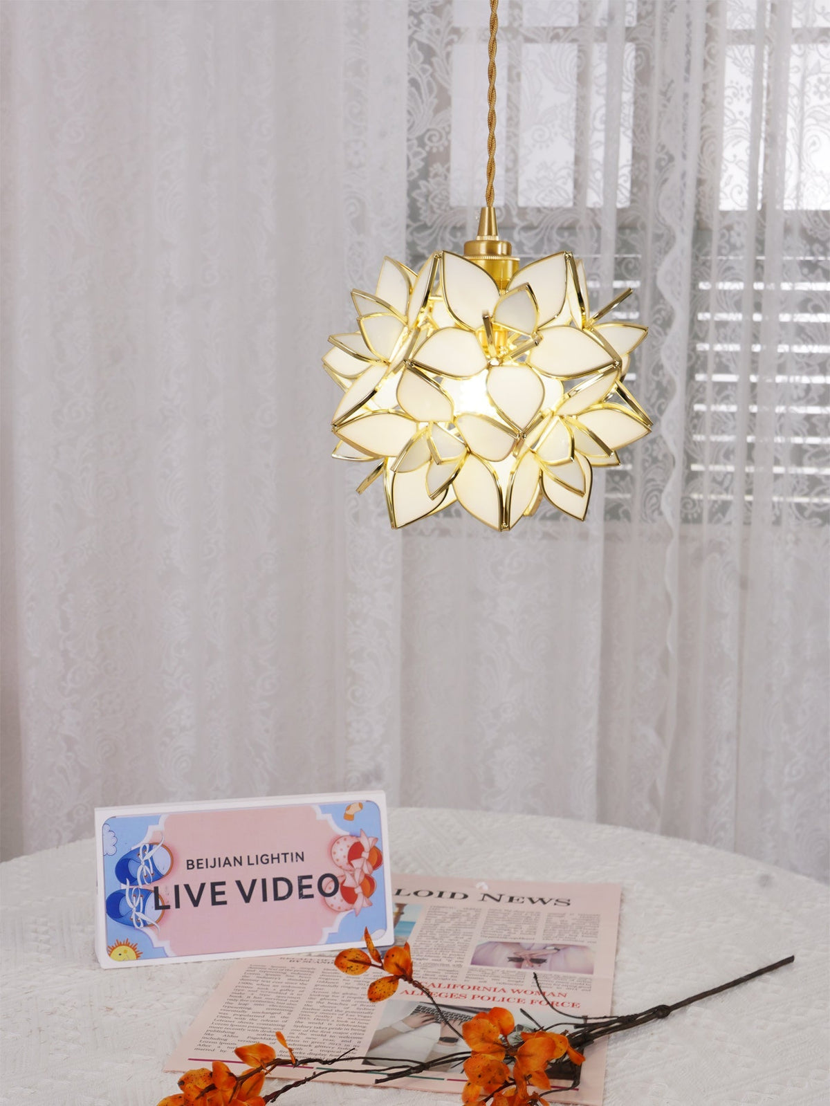 Glass Globe Ceiling Light with Floral Detail, 8-Inch Brass Hanging Fixture for Dining Room & Bedroom Ambient Lighting