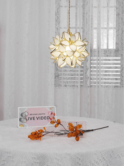 Glass Globe Ceiling Light with Floral Detail, 8-Inch Brass Hanging Fixture for Dining Room & Bedroom Ambient Lighting