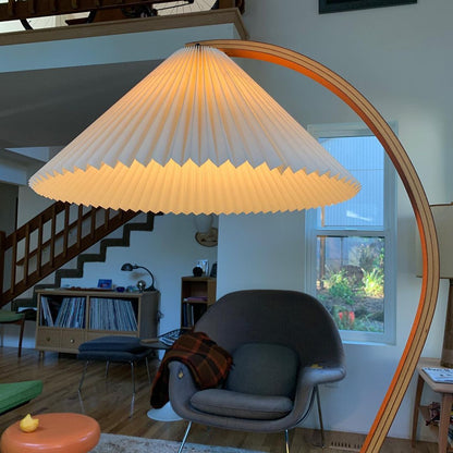 Arched Wood Reading Lamp with Fabric Shade 59 in Tall Modern Over-Sofa Light Natural Finish for Living Rooms Bedrooms Minimalist Standing La
