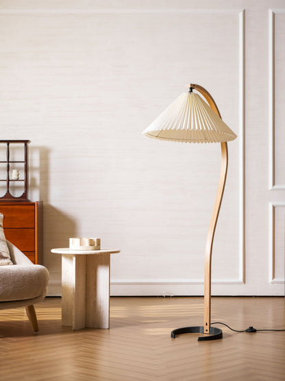 Arched Wood Reading Lamp with Fabric Shade 59 in Tall Modern Over-Sofa Light Natural Finish for Living Rooms Bedrooms Minimalist Standing La