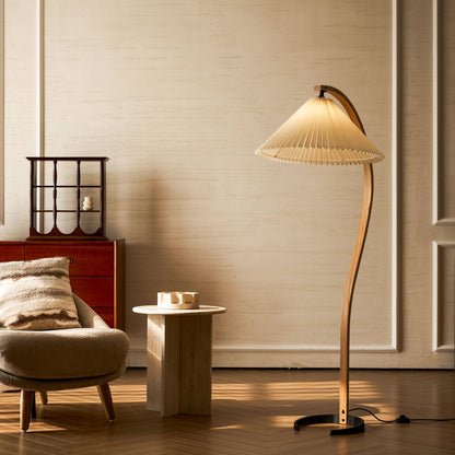 Arched Wood Reading Lamp with Fabric Shade 59 in Tall Modern Over-Sofa Light Natural Finish for Living Rooms Bedrooms Minimalist Standing La