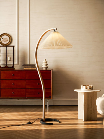 Arched Wood Reading Lamp with Fabric Shade 59 in Tall Modern Over-Sofa Light Natural Finish for Living Rooms Bedrooms Minimalist Standing La
