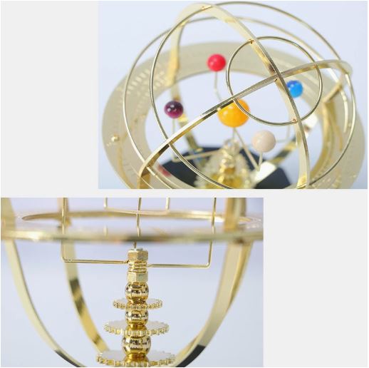 Handcrafted Mechanical Solar System Model with 5 Orbiting Planets & Moon on Oak Base | Desktop Planetarium Orrery for Office, Study & Home