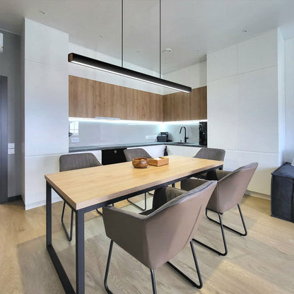 Hanging Light Fixture for Kitchen Island & Dining Room | Wood & Metal Linear Bar 31.5-71 in | Height-Adjustable Overhead LED | Remote-Contro