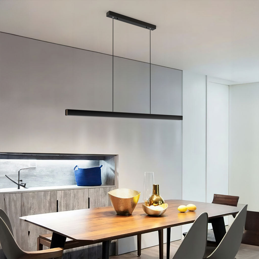 Hanging Light Fixture for Kitchen Island & Dining Room | Wood & Metal Linear Bar 31.5-71 in | Height-Adjustable Overhead LED | Remote-Contro